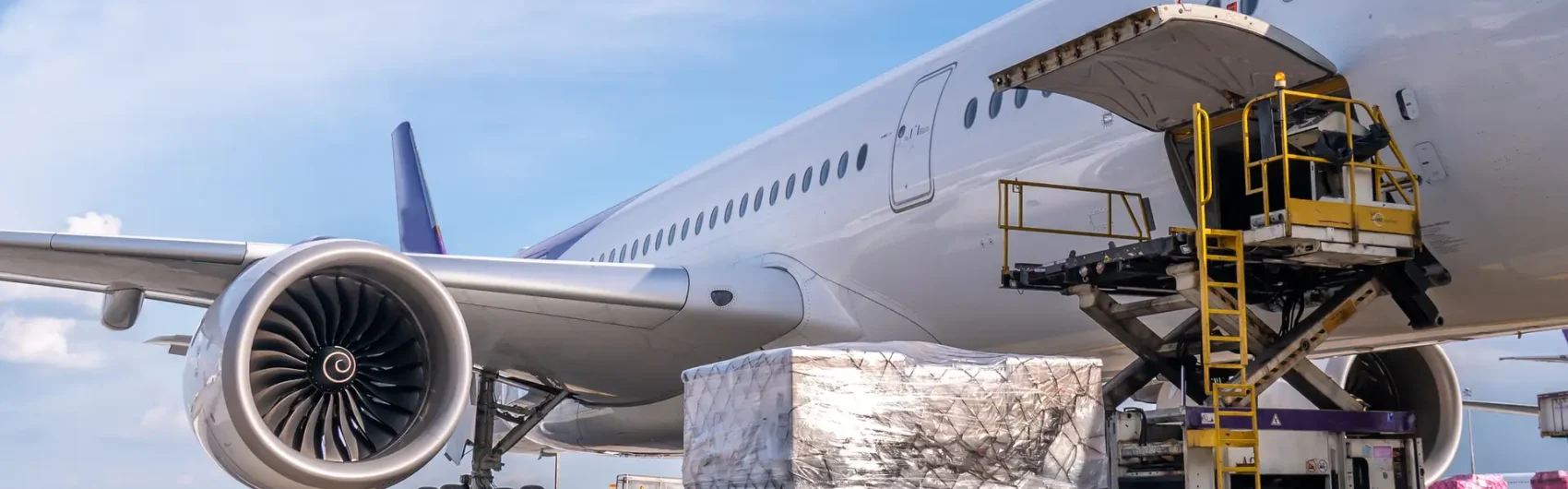 Air cargo logistic containers are loading to an airplane. Air transport shipment prepare for loading to modern freighter jet aircraft at the airport.